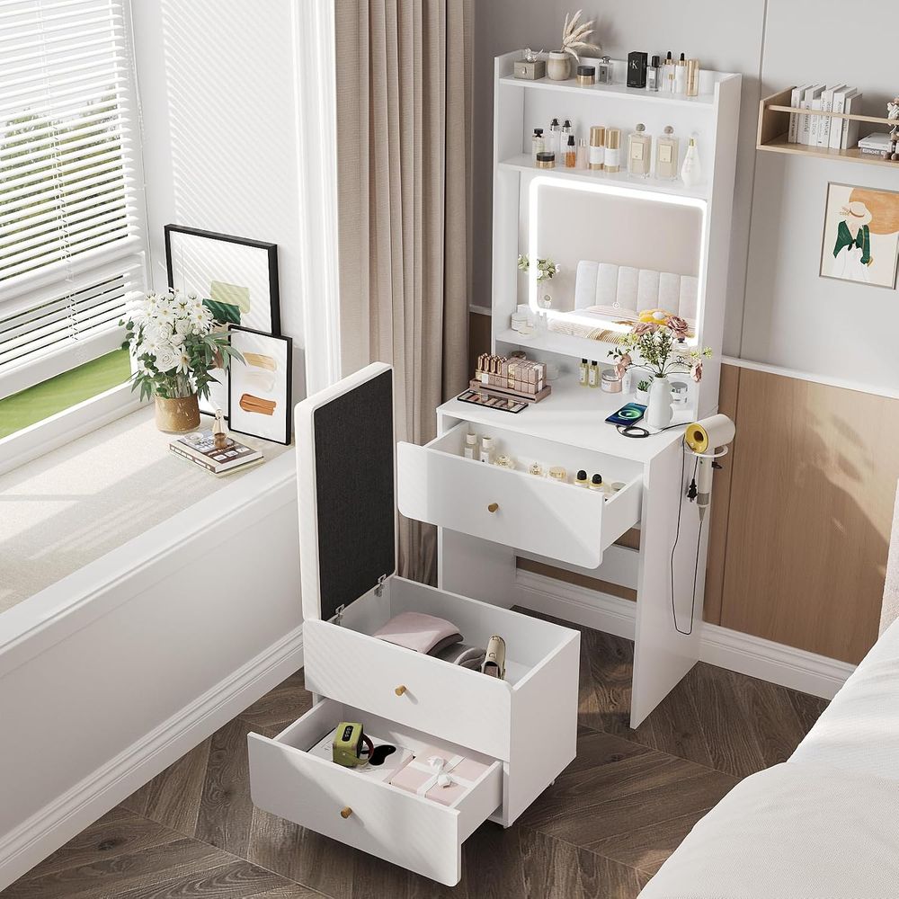 Desk Setup In Small Bedroom - طاولة مكياج مع مرآة وإضاءة، طاولة